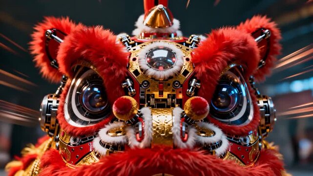 Powering ornate mechanical Chinese lion head activating LED eyes, settling red fur for mall display