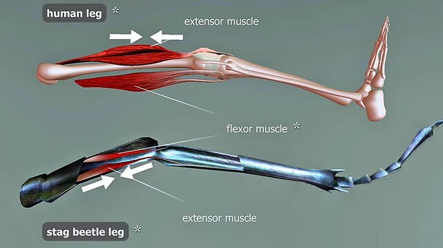 Comparison of human leg and stag beetle leg shows skeletal vs exoskeletal structure and locomotion function.