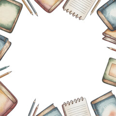 Hand drawn watercolor border frame made from various books and office supplies
