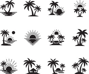 Obraz premium Minimalist Tropical Beach Scenes with Palm Trees and Sunsets Vector Illustration