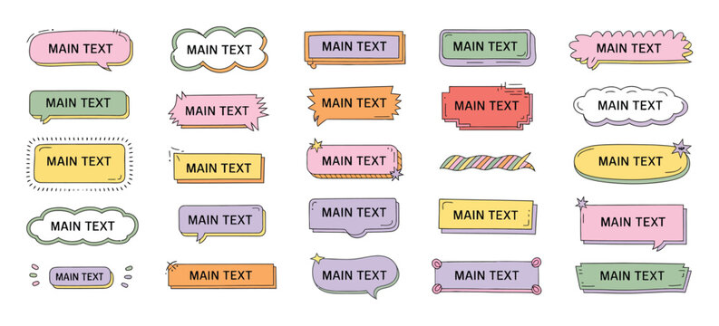 Doodle Title Box Vector Set with Hand Drawn Text Label Frames, Decorative Highlighted Banners and Sketch Style Tag Boxes, Ribbon, Rectangle and Oval Framed and Underlined Text Templates