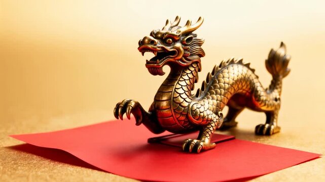 Pulling camera closer to golden dragon figurine on red paper base on gold tabletop, showing scales