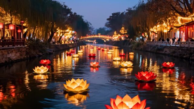 Camera pulling back, lotus lanterns drifting downstream on canal toward lit bridge, dusk deepening