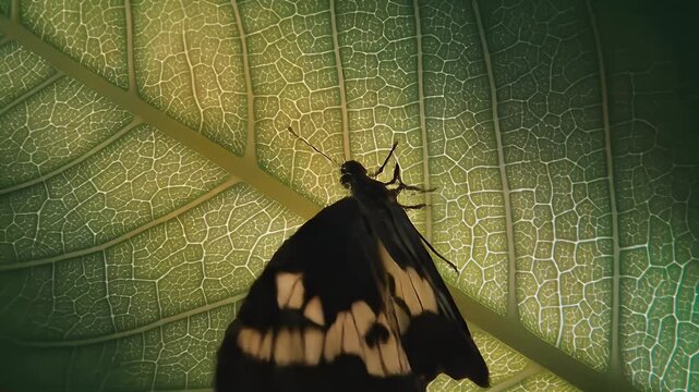 A close-up shot of a dark butterfly with light patterns resting on a backlit green and yellow leaf, showcasing its delicate wing structure and the leaf's intricate veins.