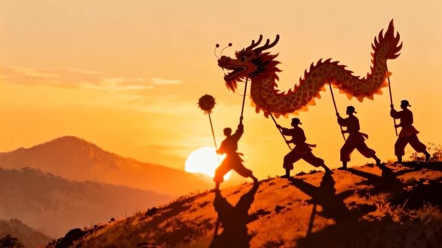 Sun sinking urging lead raising pearl, four in caps carrying dragon puppet on ridge holding poles