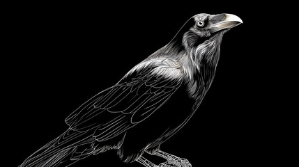 Fototapeta premium Elegant black raven with intricate line art on dark background