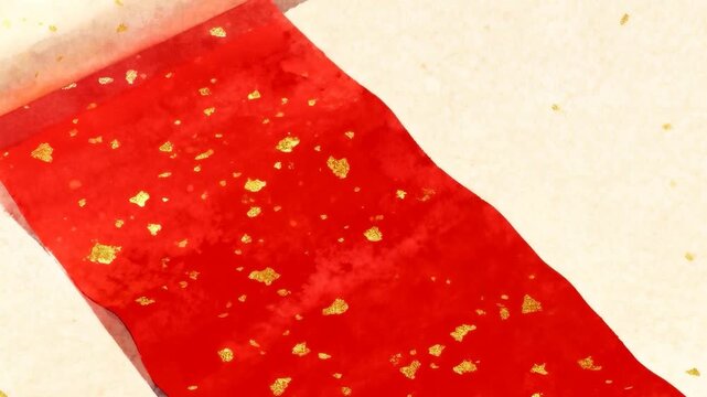 Rotating white scroll with wooden handles revealing red gold-flecked ribbon on pale paper as decor