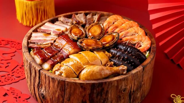 Zooming camera revealing large rustic bowl on red table, highlighting abalone prawns char siu