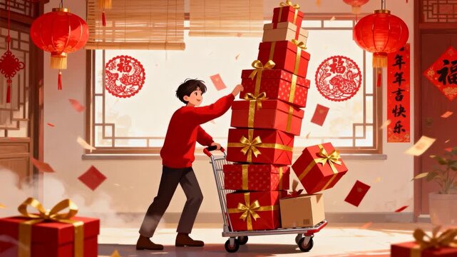 Walking, teenager in red sweater pushing cart, steadying tilting red stack in room for New Year