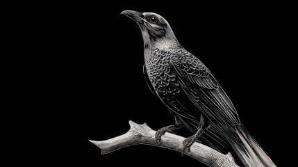 Fototapeta premium Detailed Illustration of a Raven Perched on a Branch Against Black