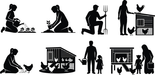 Farmers silhouette set, people feeding chickens and gardening, poultry coop nature vector collection. © Mahabuba