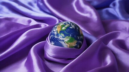 The world rests gently on a luxurious bed of purple satin fabric