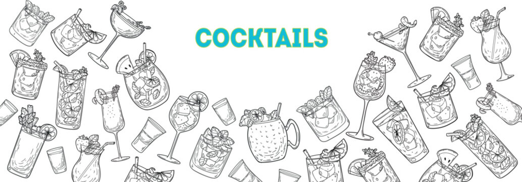Alcoholic cocktails set. Vector drawing illustration. Cocktails sketch collection. Ink drawing style.