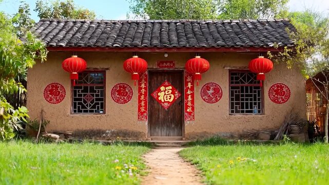 Pulling back camera revealing earthen house in front yard, highlighting red Fu door and lanterns