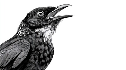 Fototapeta premium Detailed Illustration of a Singing Bird with Open Beak in Black and White