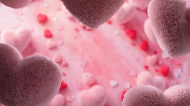 Shifting camera revealing plush heart cushions drifting into front on pink studio, framing confetti