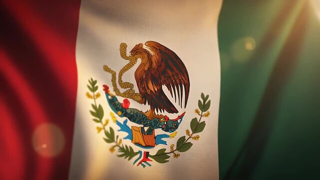 Close-up view of the vibrant Mexican flag waving in the sunlight, showcasing its national emblem and colors.