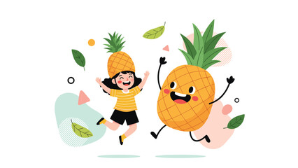 Fototapeta premium Cheerful young girl wearing a pineapple hat jumping alongside a happy, anthropomorphic pineapple character with floating leaves.
