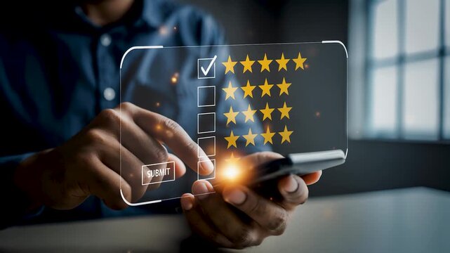 Businessman submitting digital service feedback survey on smartphone. Online customer satisfaction rating system with 5 star quality review. Virtual business excellence app interface for user.