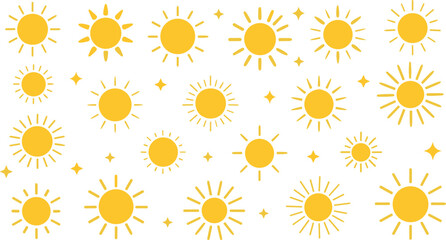Cute sun icon vector set with sunshine symbols and sparkle stars for summer weather, kids and decorative design