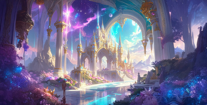 Cathedral stands towering deep within forest of meditation within cave. There, self-illuminating gems radiate their brilliance. Temple of wisdom perpetually connected to Akashic Records Generative AI.