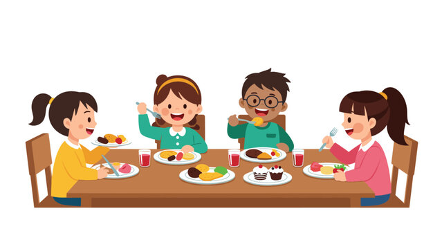 Group of four diverse children sitting at a wooden table and enjoying a healthy meal together with plates of colorful food.