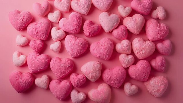 Shifting as frames progress, pink heart candies moving inward on pastel-pink surface filling frame