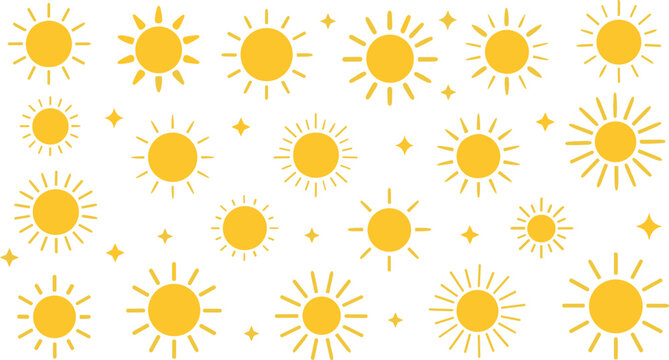 Cute sun icon vector set with sunshine symbols and sparkle stars for summer weather, kids and decorative design