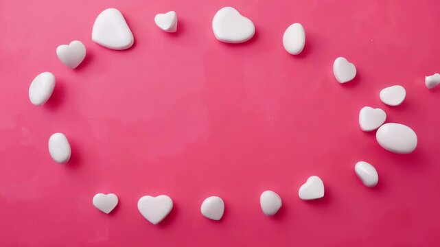 Shifting loose border, white heart and round candies moving clockwise on pink sheet, forming wreath