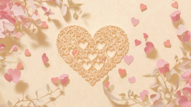 Shifting light causing confetti drifting around ornate heart with ribbon and foliage on beige paper