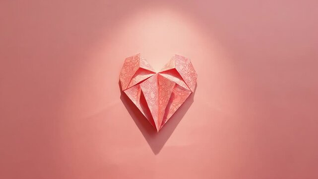 Brightening studio spotlight forming wider halo and deepening V shadow under pink origami heart