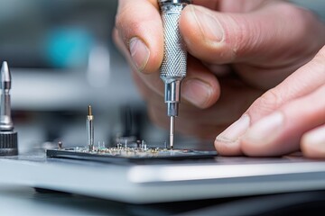 Obraz premium Skilled technician using a precision screwdriver to repair an electronic device, showcasing intricate hardware work.