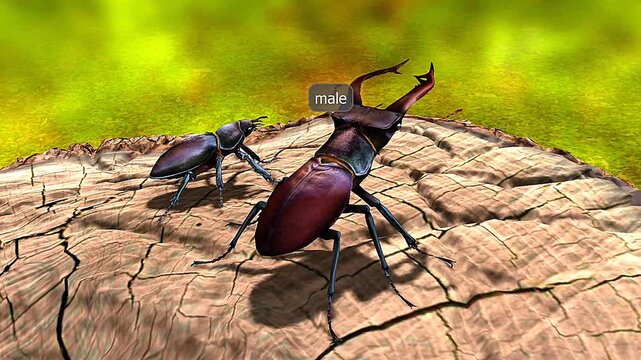 Male stag beetles have large antler-like mandibles; females are smaller with reduced mandibles.