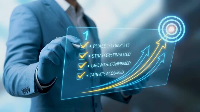 Businessman touching digital checklist with target goal icon and upward growth arrow, corporate strategy success concept and business performance achievement planning progress interface.