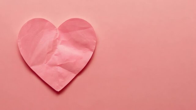 Camera panning crumpled pink paper heart on matte pink sheet, showing fold lines, copy space