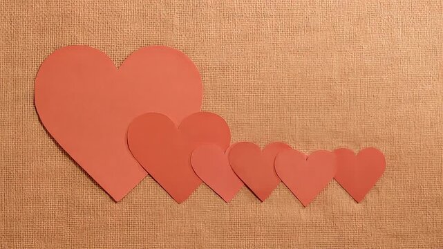 Stacked red paper hearts shifting right on tan burlap, one heart being pulled forming line