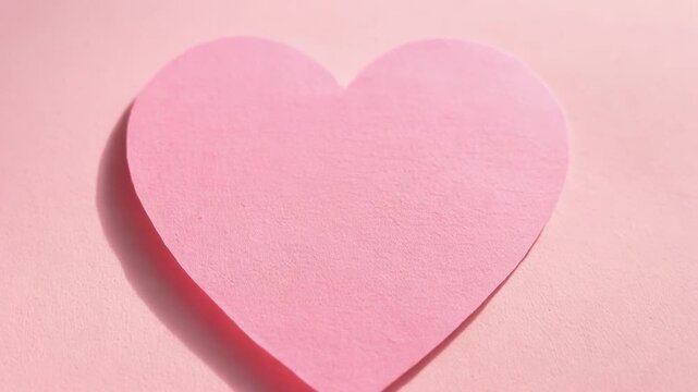 Zooming camera moving closer to single pink paper heart on pale pink backdrop, emphasizing shadow