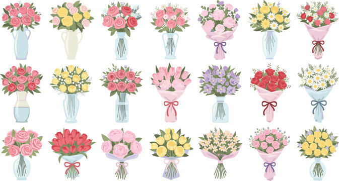 Floral bouquet vector set with roses and mixed flower arrangements for wedding, romance, greeting card and decoration design