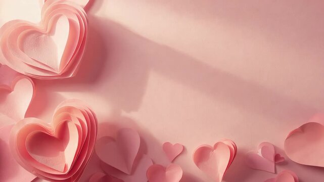 Shifting soft light moving diagonal shadow across pink backdrop, showing layered paper hearts