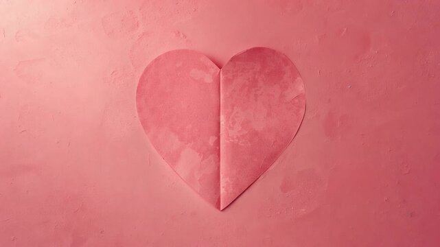 Shifting pink paper heart lifting right lobe, casting shadow on studio tabletop with central fold
