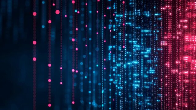 Abstract digital pattern featuring blue and red binary code on a dark background.
