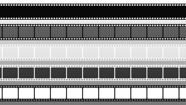 Collection of film strips and movie reels in various shades of gray and black and white, representing cinema and photography history