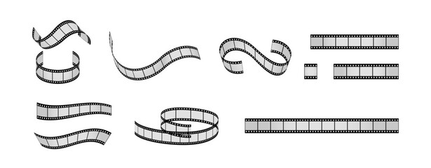 Collection of various film strip segments and reels in different curved and straight shapes, isolated on white background