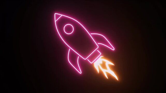 Neon pink rocket with glowing orange flame against a dark background, symbolizing launch and innovation.