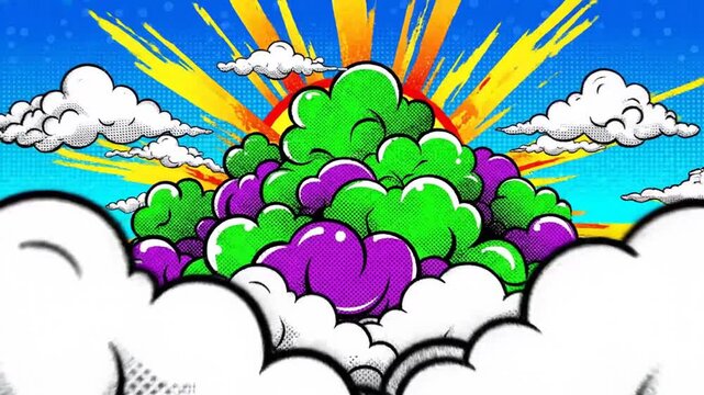 Vibrant pop art comic style explosion cloud or thought bubble with a bright sunburst and blue sky background, conveying excitement and energy.