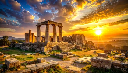 Naklejka premium Ancient stone ruins stand in sunlight as the sun sets over a hilly landscape with a bright, colorful sky