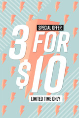 3 for $10, Sale poster design template, special offer