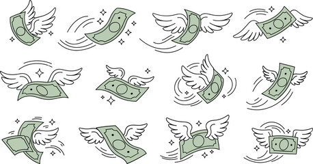 Obraz premium Hand drawn flying money banknote vector set with wings and motion lines for finance and fast cash concept