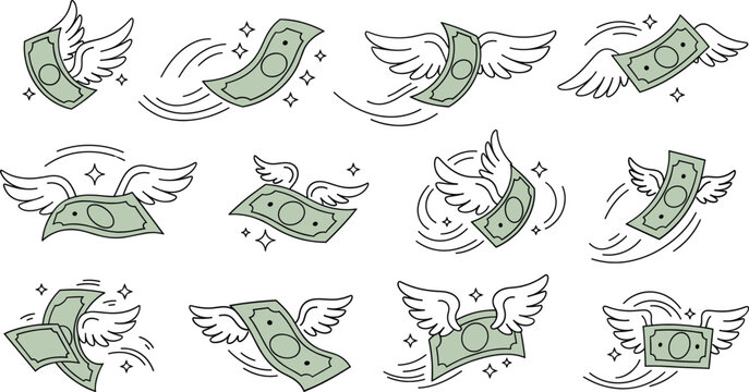 Hand drawn flying money banknote vector set with wings and motion lines for finance and fast cash concept