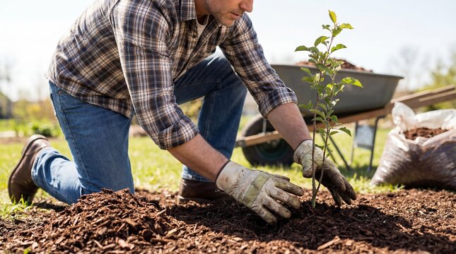 Man planting young tree while mulching in outdoor garden  